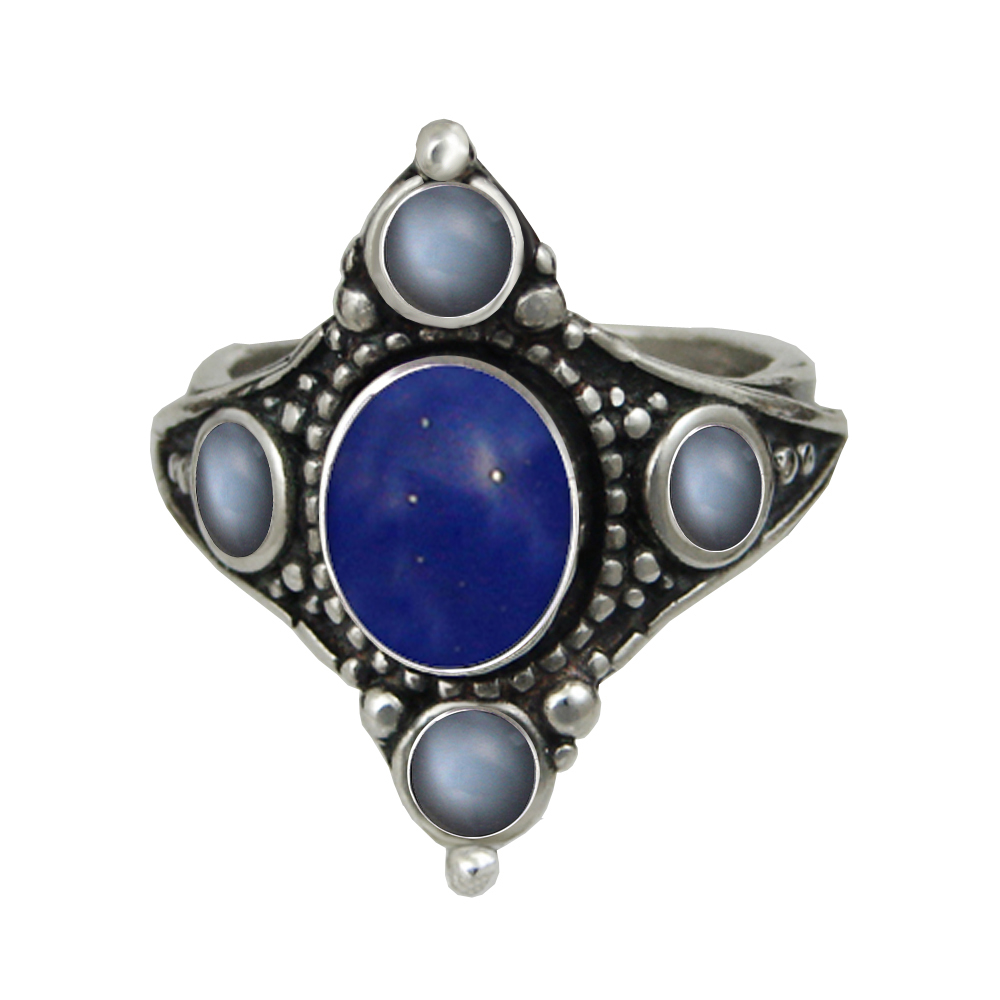 Sterling Silver Renaissance Queen's Ring With Lapis Lazuli And Grey Moonstone Size 9
